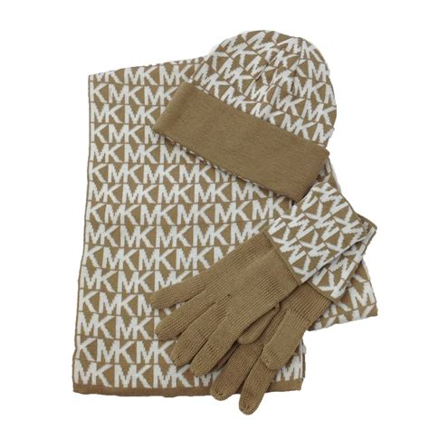 michael kors gloves and beanie set|Michael Kors logo scarf.